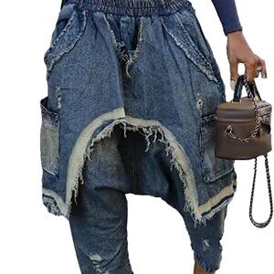 Women's Denim Harem Pants Patchwork Ripped Jeans Elastic Waist Loose Stretchy Tr